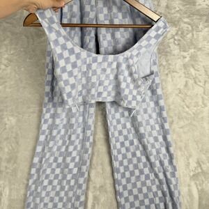 Lounge set Checkerboard Terry Cloth PJ Set Crop Top Wide Leg Pants Blue White S
